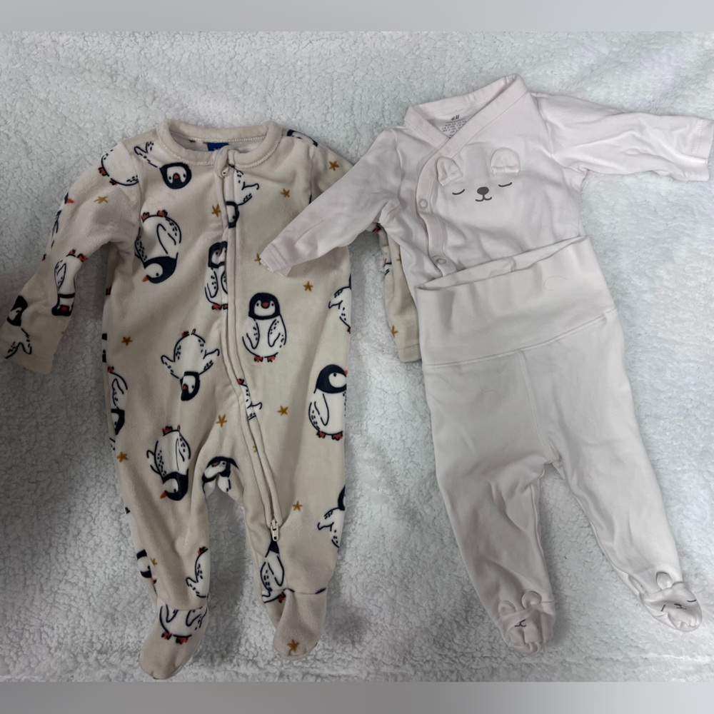 Neutral Baby Pajama Set and Penguin One-Piece